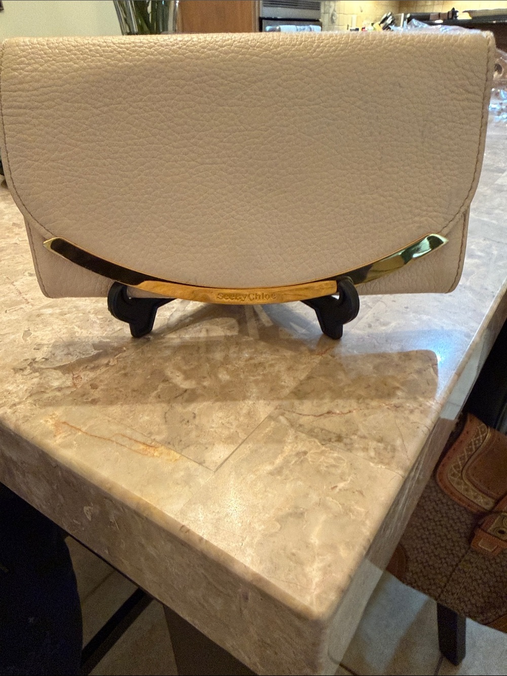 See By Chloe Cream Leather Clutch with Gold Accent Bar
